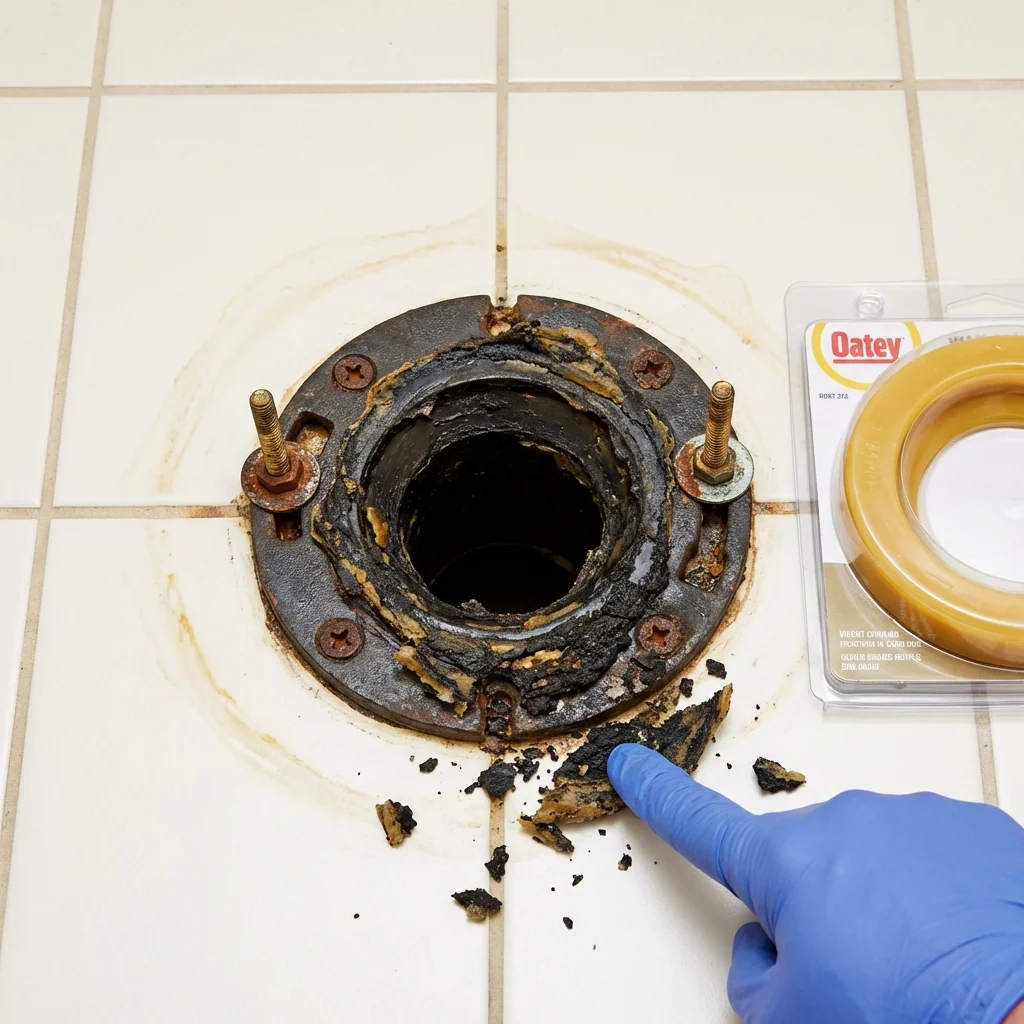 Failed wax ring showing water seepage at the base of a toilet in a Newport, VT home