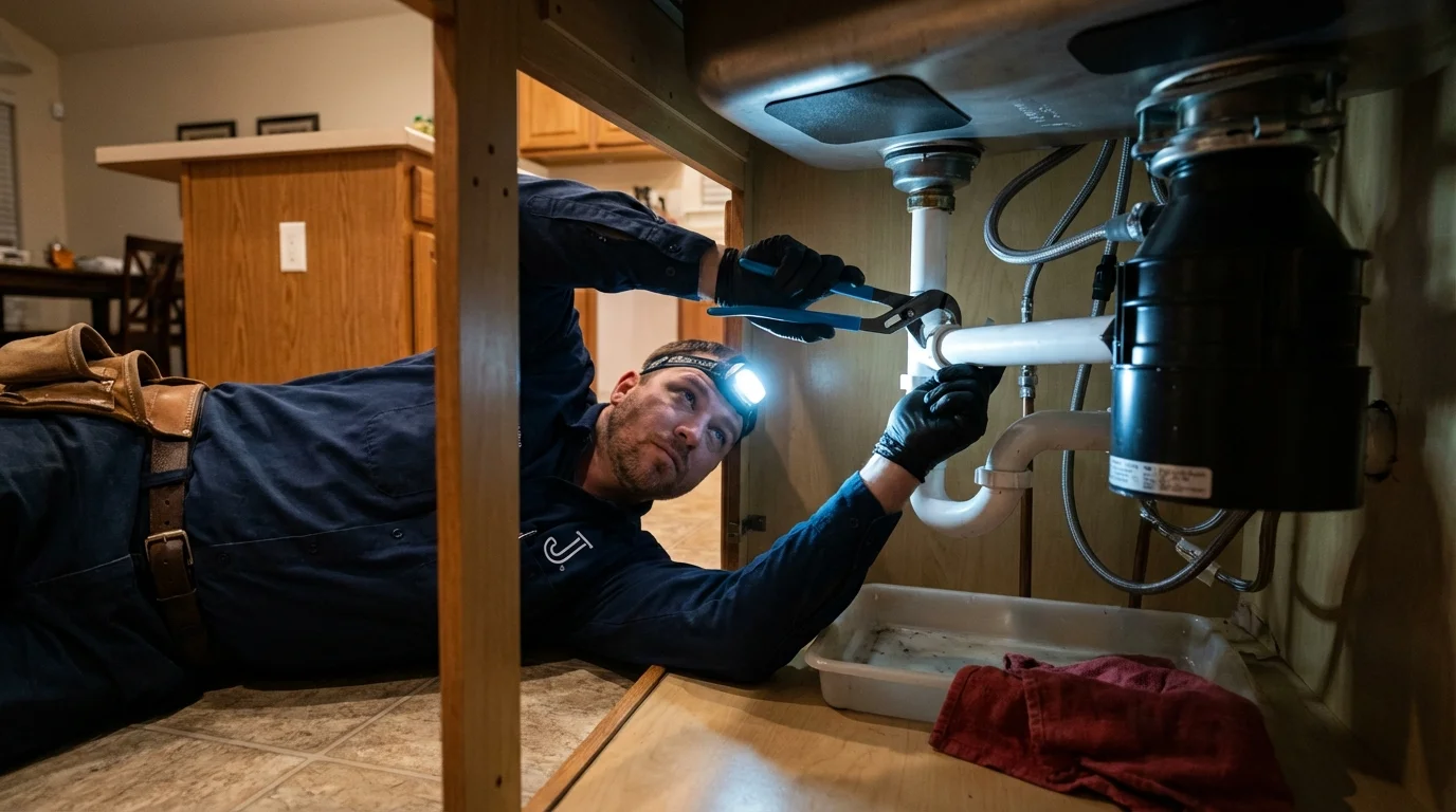 P-trap and supply line connections under a kitchen sink showing a common leak point in Newport, VT